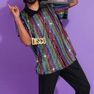 Men's 70s Disco Outfit Costume Bell Bottom Pants Sequin Shirt Accessories Large